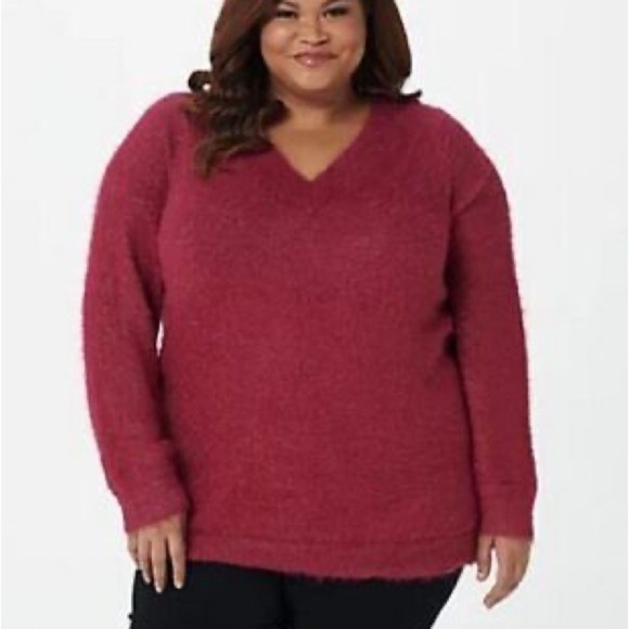 Laurie Felt Wmn L Orchid Berry Red Holiday V-Neck Metallic Eyelash Tunic Sweater - Picture 1 of 10
